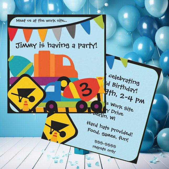 Customised Construction Cement Mixers Birthday Invitation (Creator Uploaded)