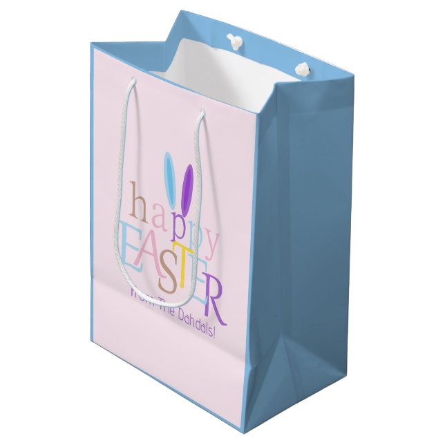 Customised Cool Happy Easter Bunny Ears Pink, Blue Medium Gift Bag (Front Angled)