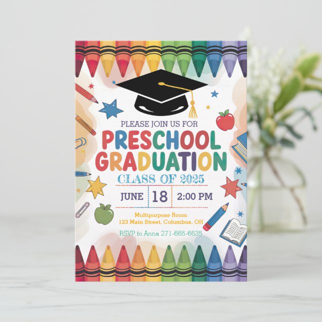Customised Crayon-Themed Preschool Graduation Invitation (Standing Front)