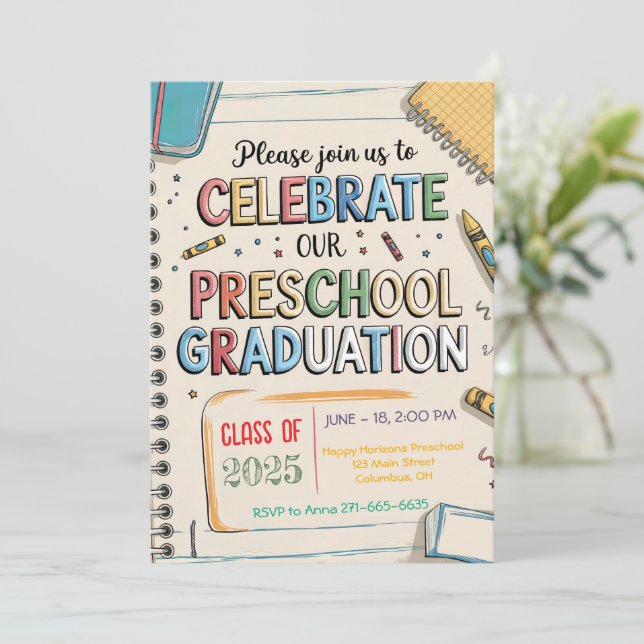 Customised Crayons Notebook Preschool Graduation Invitation (Standing Front)