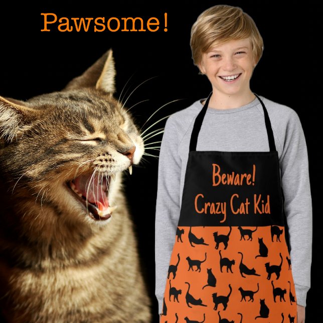 Customised Crazy Cat Kid Halloween  Apron (It's a family affair in the kitchen!)