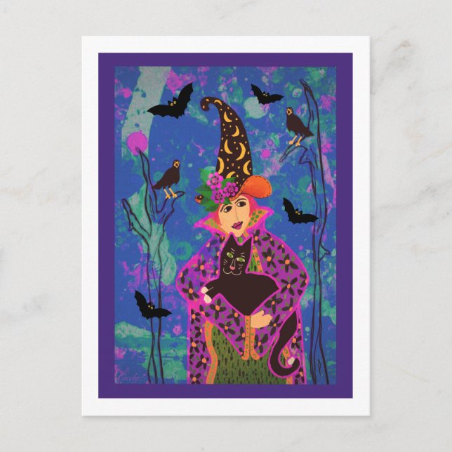 Customised Crazy Cat Witch  Halloween Post Card (Front)