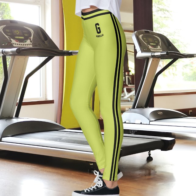 Customised Cute Apple Green Black Stripes Monogram Leggings (Creator Uploaded)
