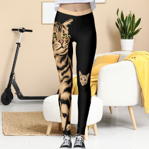 Customised Cute Cat Pet Animal Black Peach Stripes Leggings