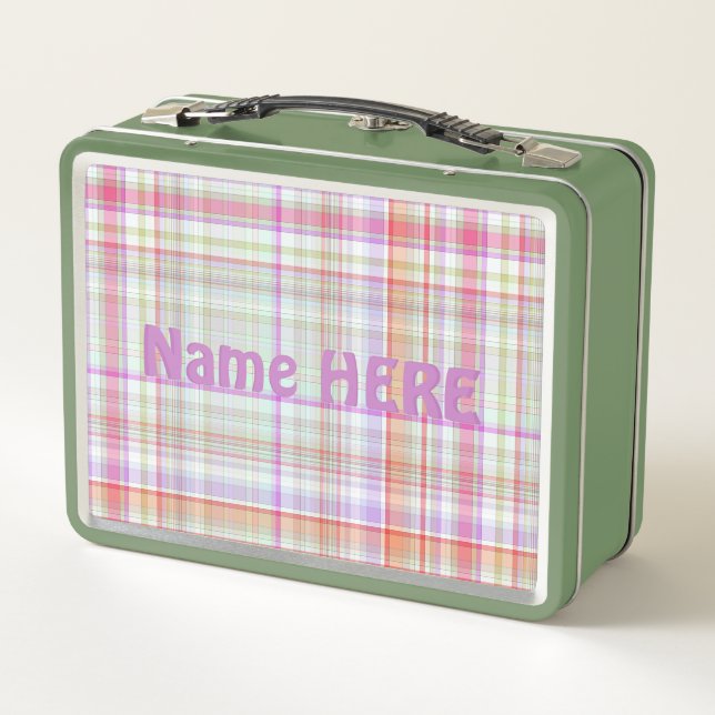 Customised Cute Elegant Purple Green Plaid Pattern Metal Lunch Box (Back)