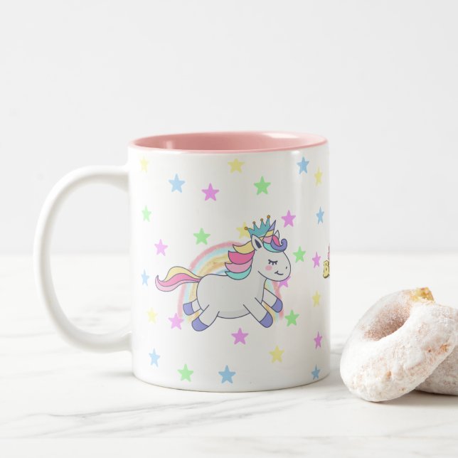Customised Cute pastel Unicorn rainbow birthday Two-Tone Coffee Mug (With Donut)