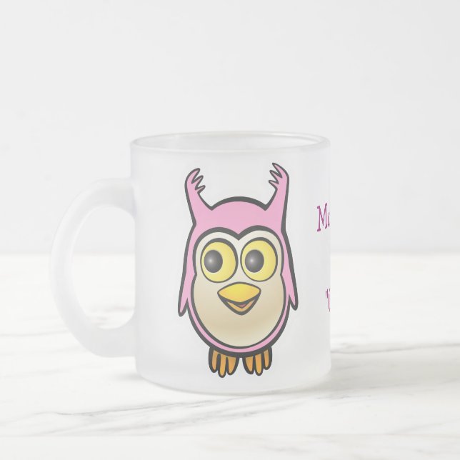 Customised Cute Pink Baby Owl Cartoon Frosted Glass Coffee Mug (Left)