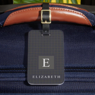 Customised Dark Blue Black Brown Chequered Pattern Luggage Tag