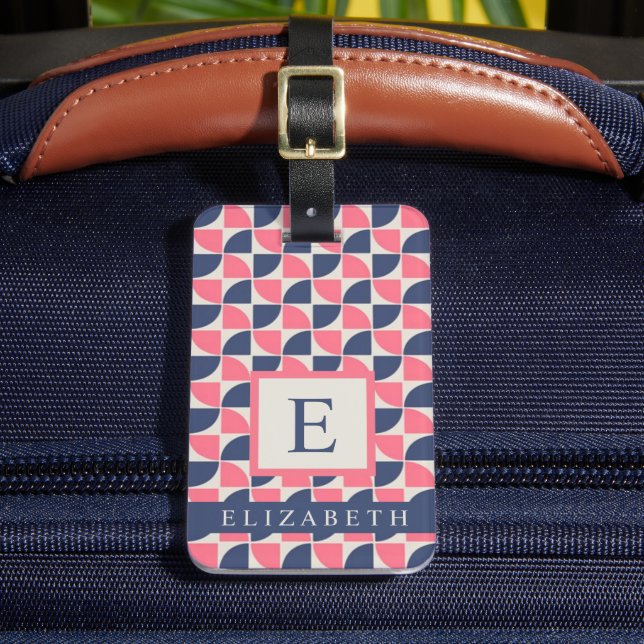 Customised Dark Blue Pink Grey Geometric Luggage Tag (Front Insitu 2)