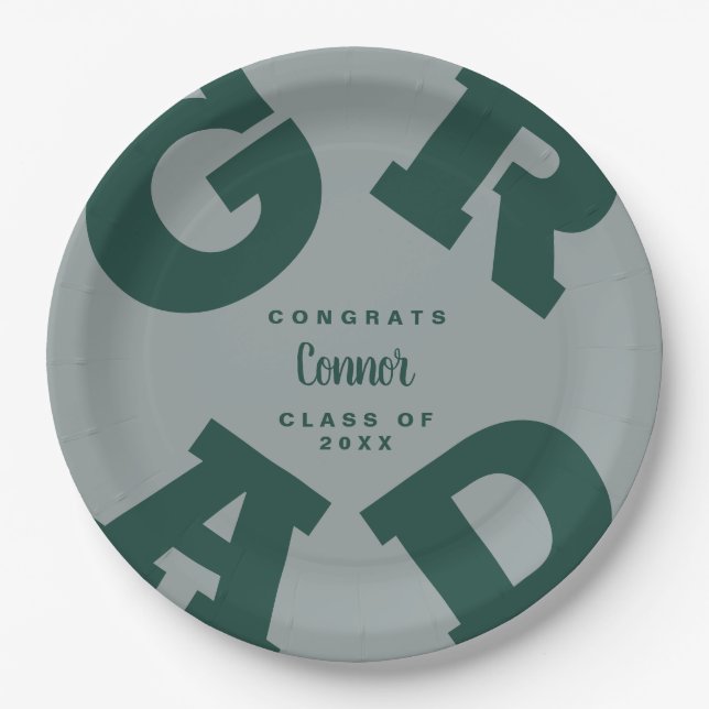Customised Dark Green and Grey Graduation Paper Plate (Front)