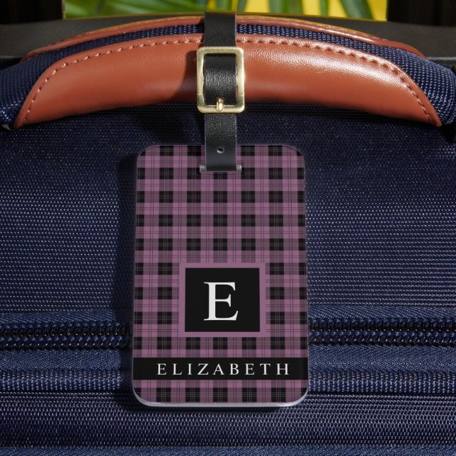Customised Dark Violet Purple Black Chequered  Luggage Tag (Front Insitu 2)