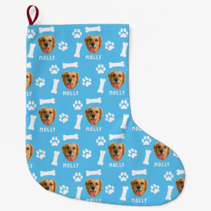 Customised Dog Pet Photo & Name Blue Large Christmas Stocking