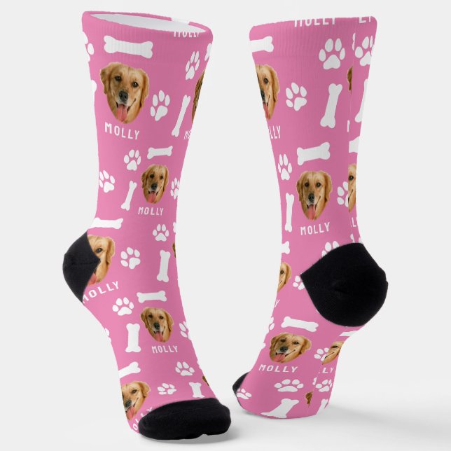 Customised Dog Pet Photo & Name Pink Socks (Angled)