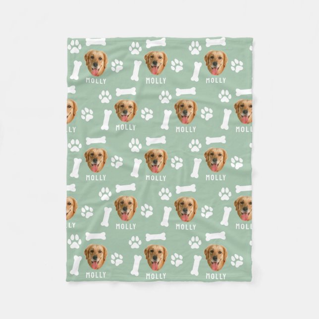 Customised Dog Pet Photo & Name Sage Green Fleece Blanket (Front)