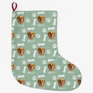 Customised Dog Pet Photo & Name Sage Green Large Christmas Stocking