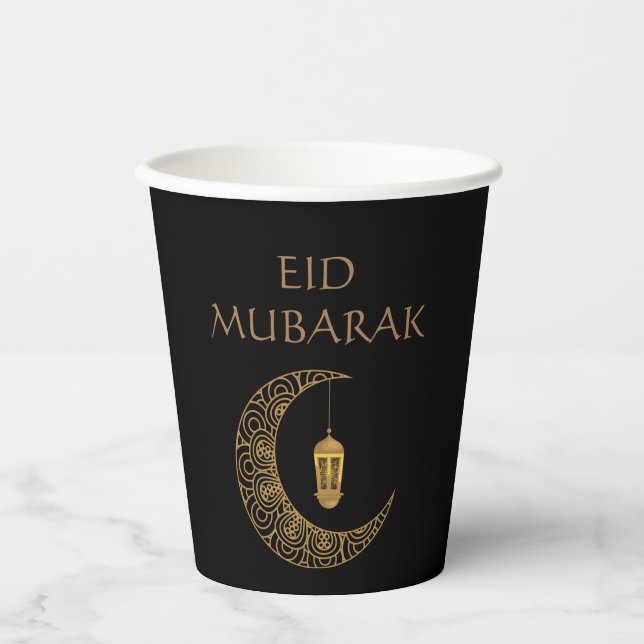 Customised Eid Mubarak Black Decorated Crescent Paper Cups (Front)
