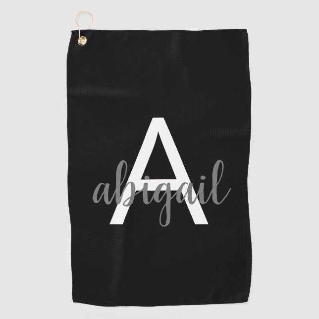 Customised Elegant Modern Monogram Name Black Golf Towel (Front)