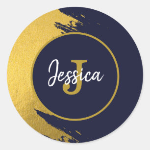 Customised Faux Gold Brushstrokes with Navy Blue Classic Round Sticker