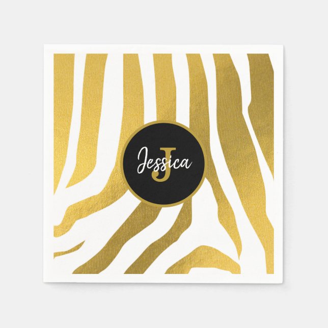 Customised Faux Gold Zebra Print Stripes Pattern Napkin (Front)