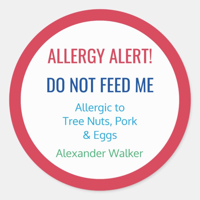 Customised Food Allergy Alert Personalised Kids Classic Round Sticker (Front)