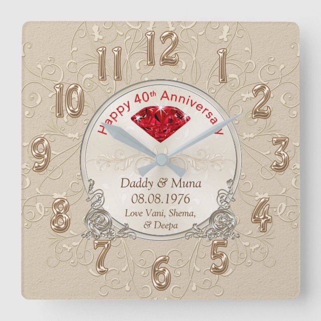 Customised Fortieth Wedding Anniversary Gift CLOCK (Front)