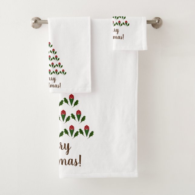Customised Fun Red Roses, Holly Christmas Tree Bath Towel Set (Insitu)