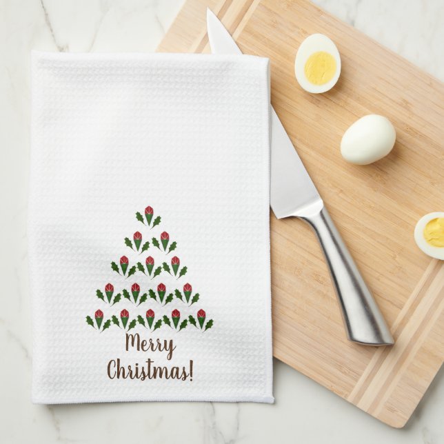 Customised Fun Red Roses, Holly Christmas Tree Tea Towel (Quarter Fold)