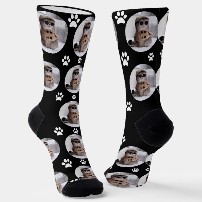 Customised Funny Cat Pet Paw Face Black Socks (Angled)