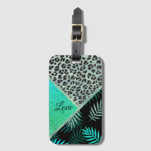 Customised Glittery Teal Tropical Leopard Print  Luggage Tag