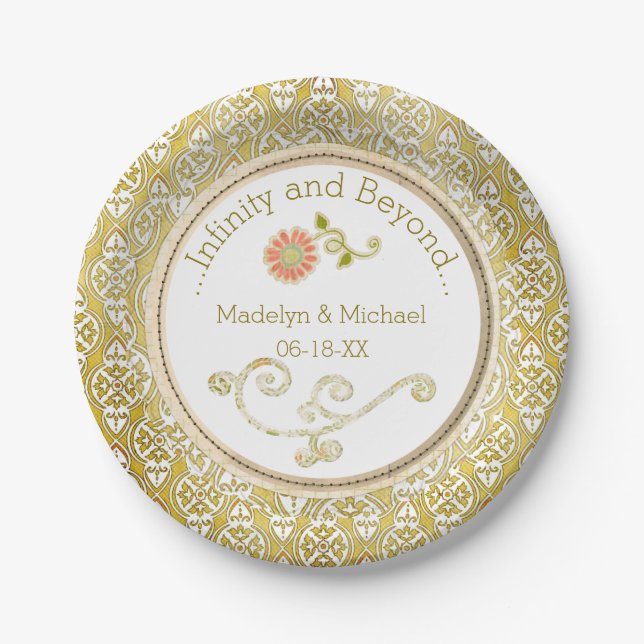 Customised Gold Damask Wedding Paper Plates (Front)