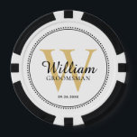 Customised Gold Monogrammed Groomsman White Poker Chips<br><div class="desc">Customised Gold Monogrammed Groomsman White Poker Chips. The dotted border is reminiscent of milgrain,  which is a jewellery-detailing technique often used for engagement and wedding rings. The colour of text,  dotted border and background may be changed.</div>