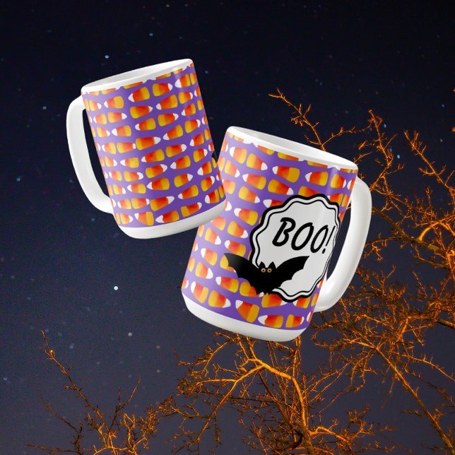 Customised Halloween Crazy Candy Corn Black Bat  Coffee Mug (Such cute crazy candy corn with a sassy bat!! You can personalize by changing the text to a name.)