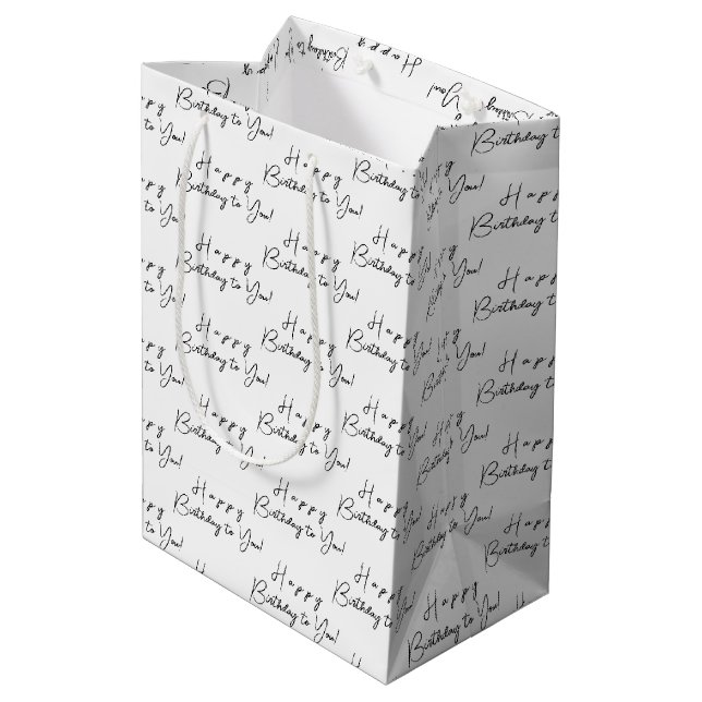 Customised Happy Birthday Black on White Pattern Medium Gift Bag (Back Angled)