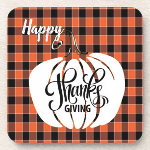 Customised HAPPY Thanksgiving Orange Buffalo Plaid Coaster