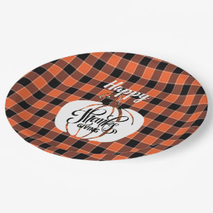 Customised HAPPY Thanksgiving Orange Buffalo Plaid Paper Plate