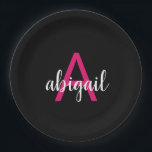 Customised Hot Pink Black Stylish Monogram Name Paper Plate<br><div class="desc">Customised monogrammed stylish script name and initial modern and elegant girly trendy hot pink and black Add Your Name Party Plate are personalised and perfect for Sweet 16,  1st,  21st,  30th,  40th,  50th,  60th,  70th,  Birthday Party,  Weddings,  Graduation,  Quinceanera,  Bridal Shower,  Bachelorette Party,  Anniversary or Baby Shower.</div>