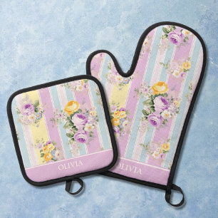 Customised Lavender Floral Striped Oven Mitt & Pot Holder Set