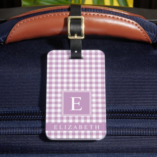 Customised Lavender Purple White Chequered Pattern Luggage Tag (Front Insitu 2)