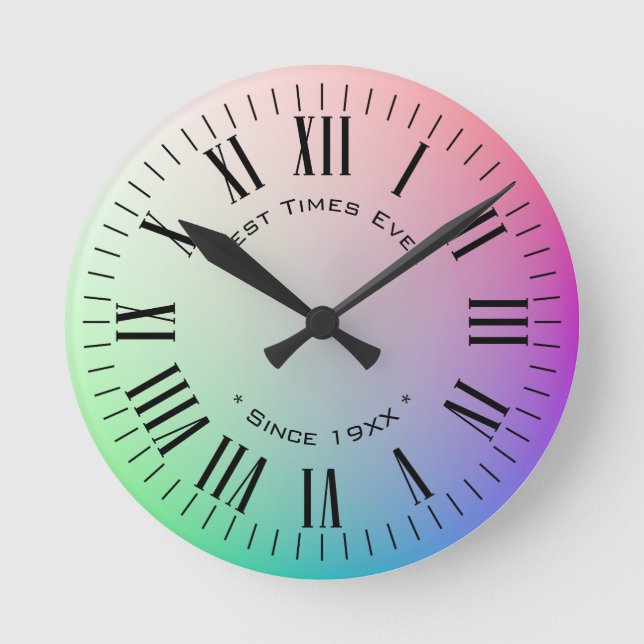 Customised Modern Roman Numerals, Colourful Rainbo Round Clock (Front)