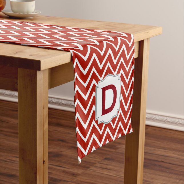 Customised Monogram Chevron Pattern A15D Red Short Table Runner (In Situ)