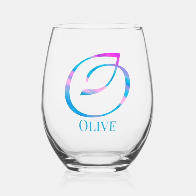 Customised Monogram "O" Name Abstract Spring Blue Stemless Wine Glass (Front)