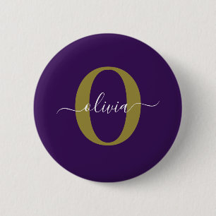 Customised Monogram Script Name Purple White Gold 6 Cm Round Badge