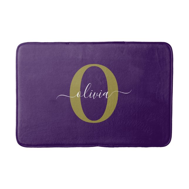 Customised Monogram Script Name Purple White Gold Bath Mat (Front)