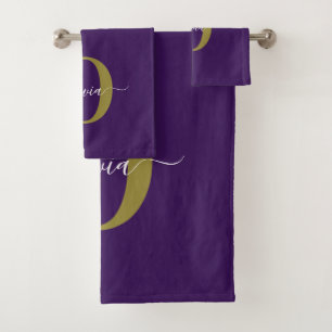 Customised Monogram Script Name Purple White Gold Bath Towel Set