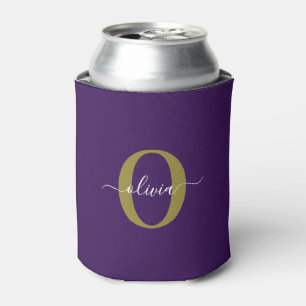 Customised Monogram Script Name Purple White Gold Can Cooler