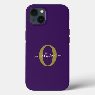 Customised Monogram Script Name Purple White Gold iPhone 13 Case