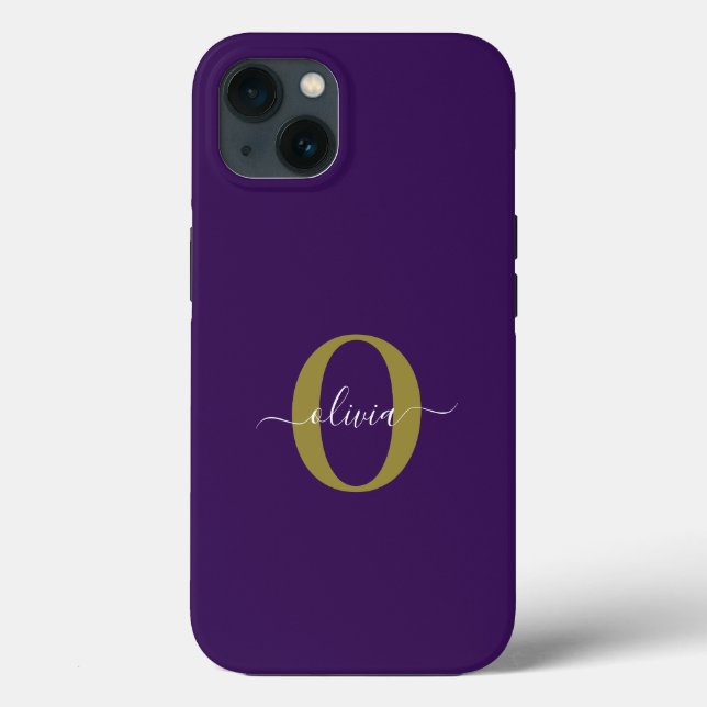 Customised Monogram Script Name Purple White Gold Case-Mate iPhone Case (Back)