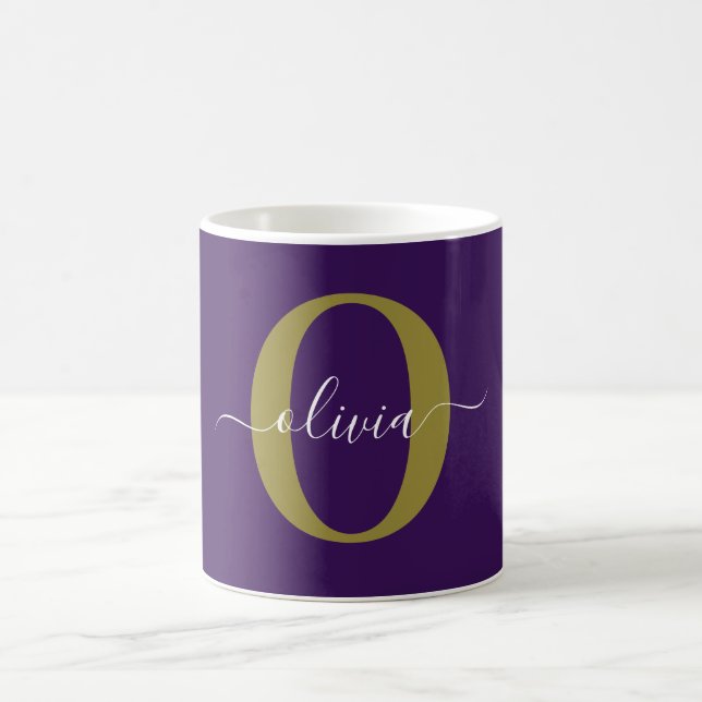 Customised Monogram Script Name Purple White Gold Coffee Mug (Center)