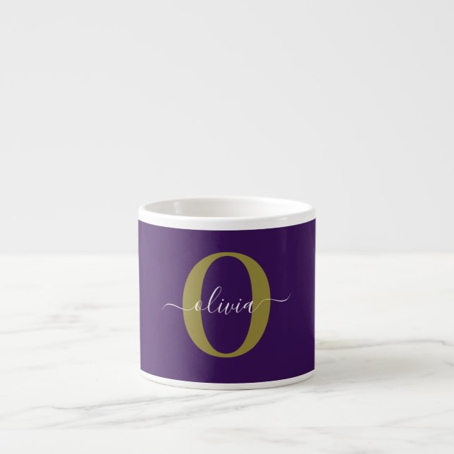 Customised Monogram Script Name Purple White Gold Espresso Cup (Front)