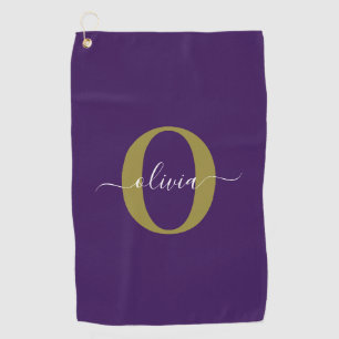 Customised Monogram Script Name Purple White Gold Golf Towel